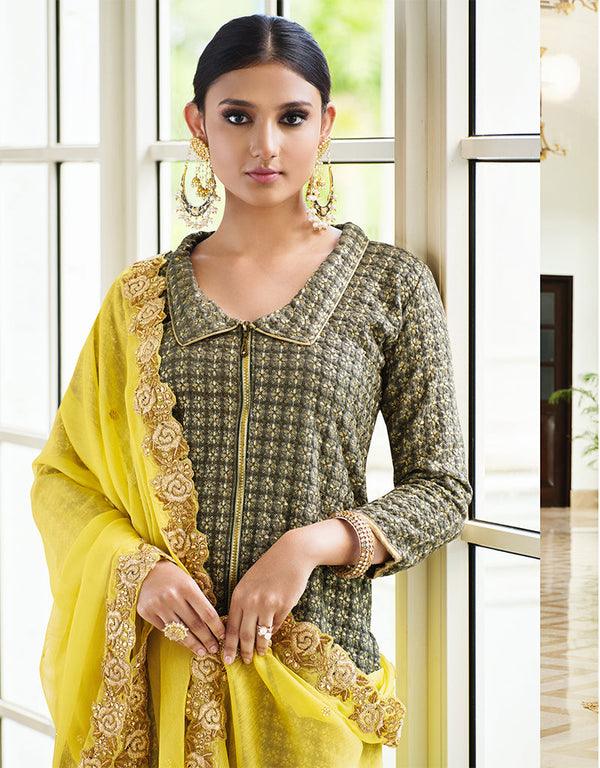 fashionable grey georgette designer party wear readymade salwar suit with yellow santoon 13447-prt19417 Front View