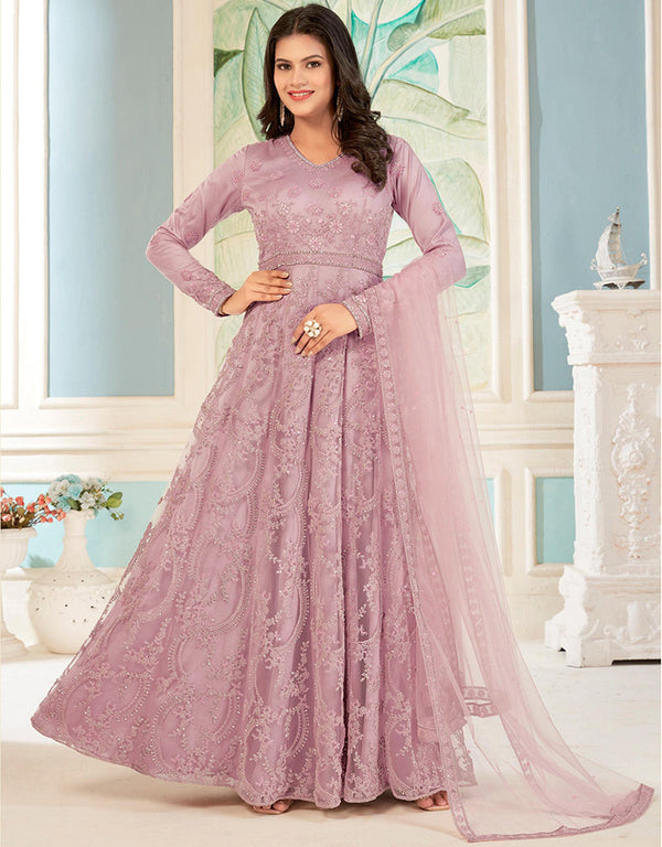 sleek pink net designer party wear readymade salwar suit with pink japan satin 13448-prt19418 Front View