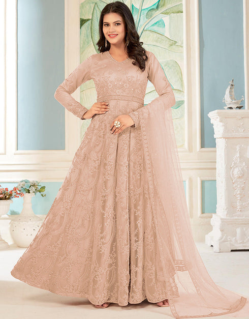 modern peach net designer party wear readymade salwar suit with peach japan satin 13448-prt19419 Front View