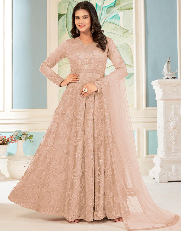 modern peach net designer party wear readymade salwar suit with peach japan satin 13448-prt19419 Front View