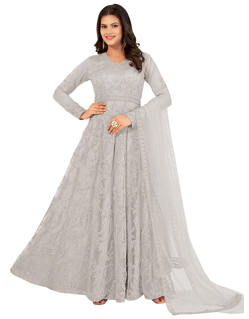 glamorous light grey net designer party wear readymade salwar suit with light grey japan satin 13448-prt19421 Back View