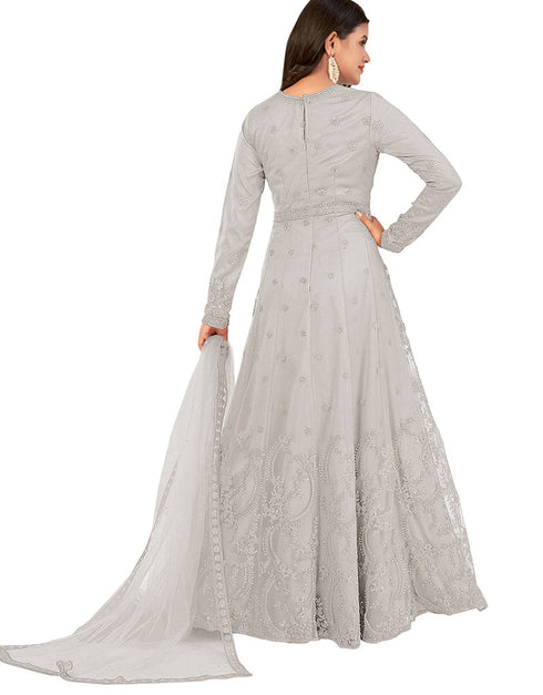 glamorous light grey net designer party wear readymade salwar suit with light grey japan satin 13448-prt19421 Front View