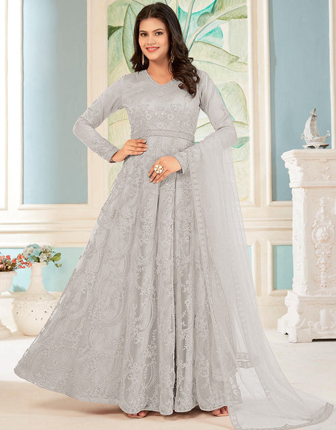 glamorous light grey net designer party wear readymade salwar suit with light grey japan satin 13448-prt19421 Front View