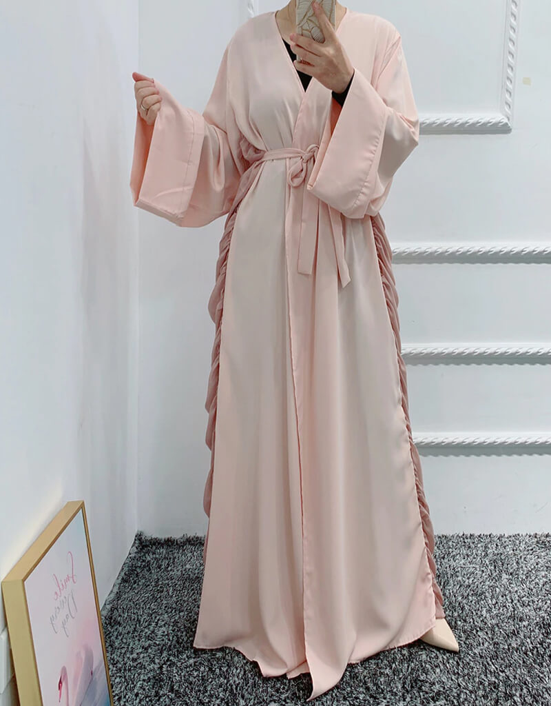 Open Abaya Dubai Style Kaftan for Muslim Women Long Dresses Apricot Kimono / XXL