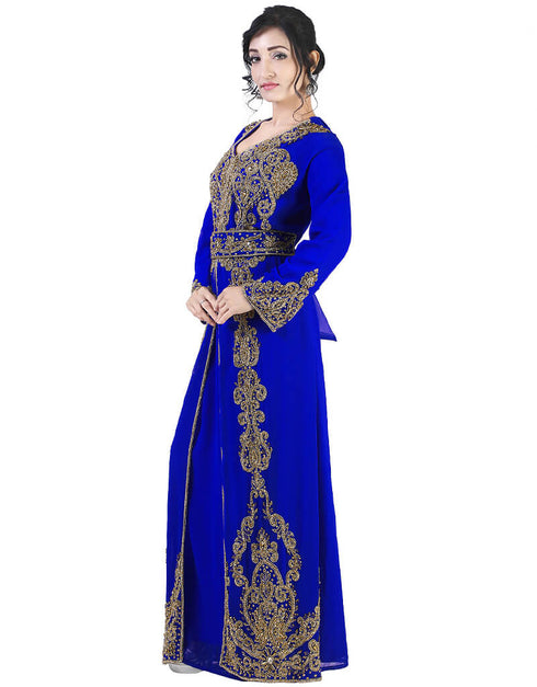 Arabic Royal Blue Georgette Pearl Embroidery Kaftan