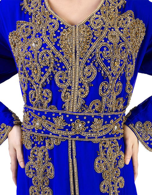 Arabic Royal Blue Georgette Pearl Embroidery Kaftan