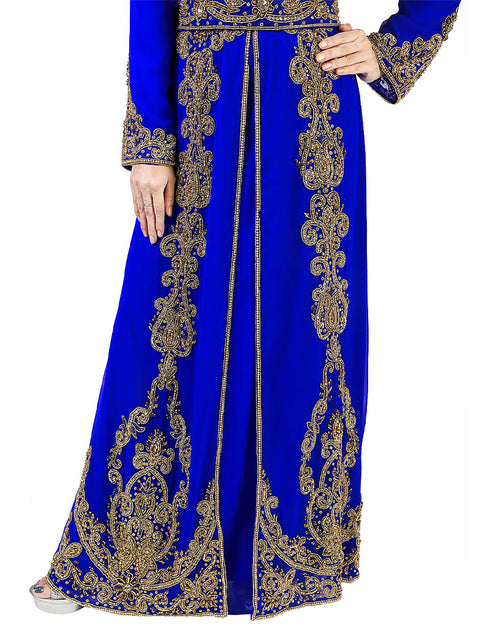 Arabic Royal Blue Georgette Pearl Embroidery Kaftan