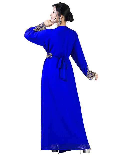 Arabic Royal Blue Georgette Pearl Embroidery Kaftan
