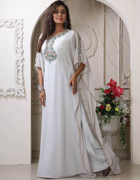 Chic Light Grey Georgette Stones Embroidery Farasha