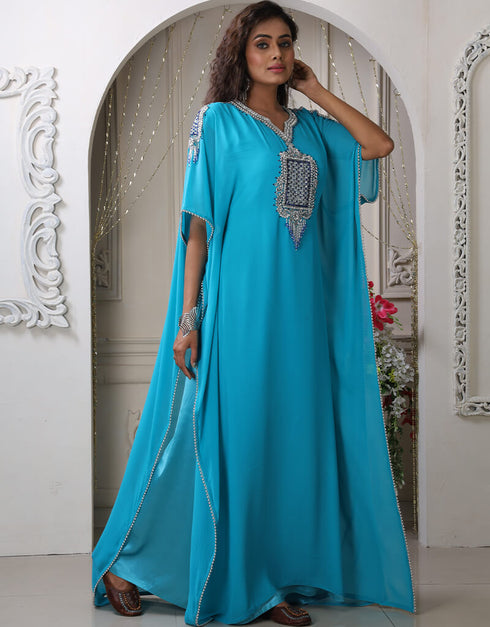 Trendy Firozi Georgette Stones Embroidery Farasha
