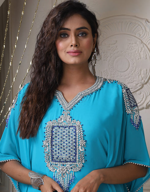 Trendy Firozi Georgette Stones Embroidery Farasha