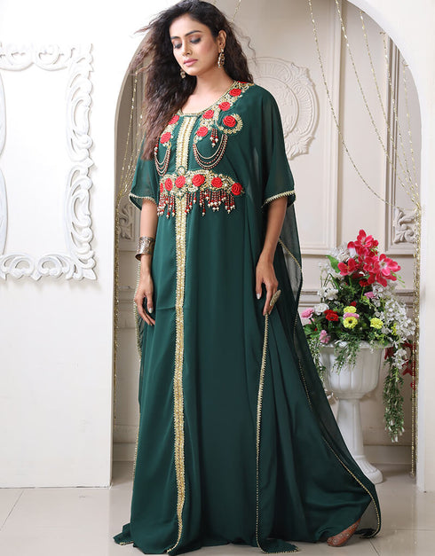 Modern Dark Green Georgette Stones Embroidery Farasha