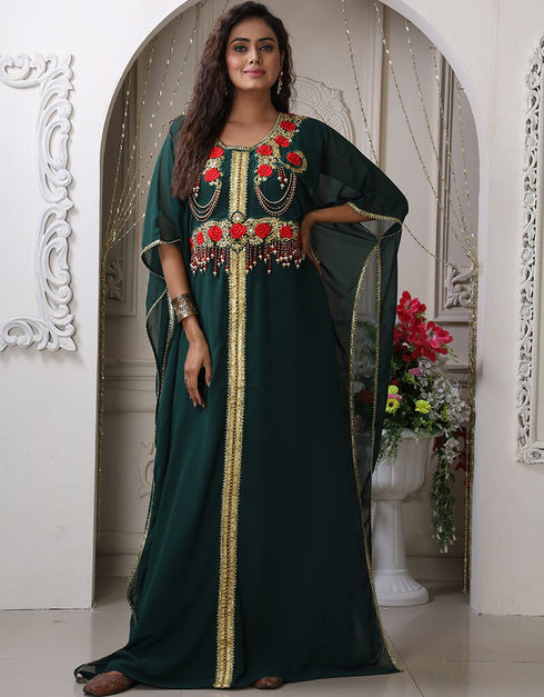 Modern Dark Green Georgette Stones Embroidery Farasha