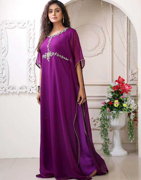 Muslim Purple Georgette Stones Embroidery Farasha