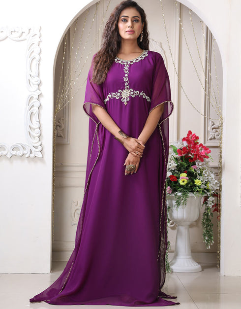 Muslim Purple Georgette Stones Embroidery Farasha
