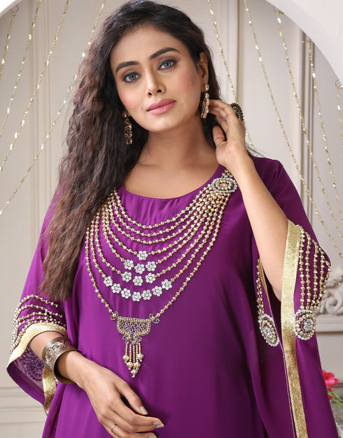 Modest Purple Georgette Stones Embroidery Farasha
