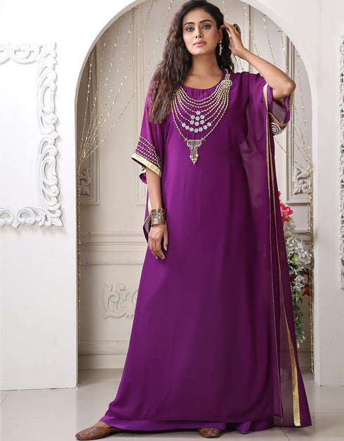 Modest Purple Georgette Stones Embroidery Farasha