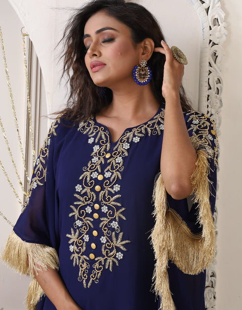 Islamic Dark Blue Georgette Stones Embroidery Farasha