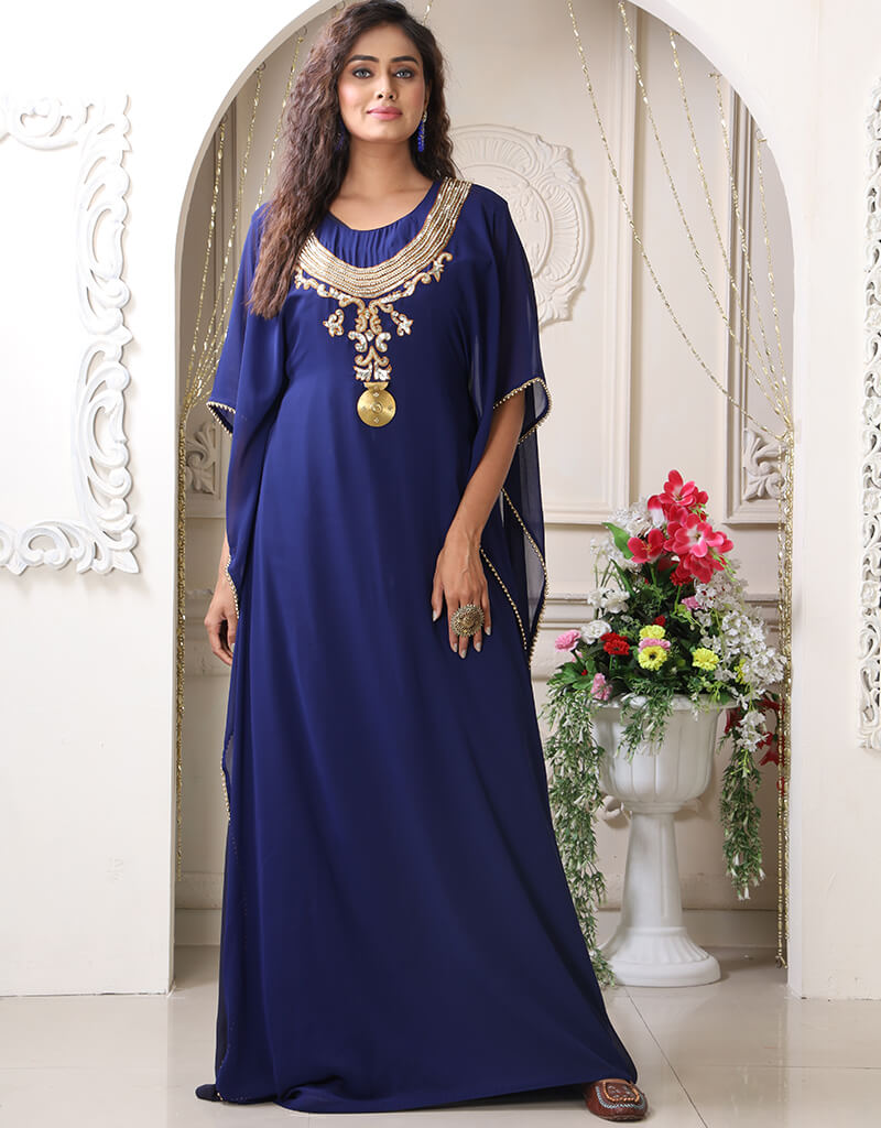 Women Dark Blue Georgette Hand Golden Embroidery Moroccan Style Kaftan main image 1