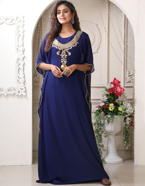 Women Dark Blue Georgette Stones Embroidery Farasha