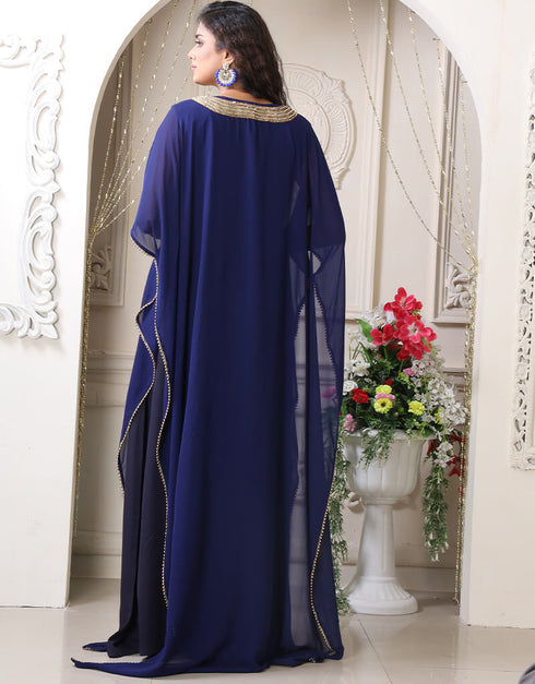 Women Dark Blue Georgette Stones Embroidery Farasha