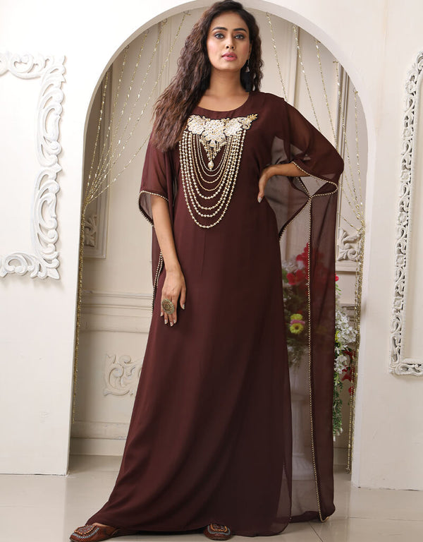 Modern Brown Georgette Stones Embroidery Farasha