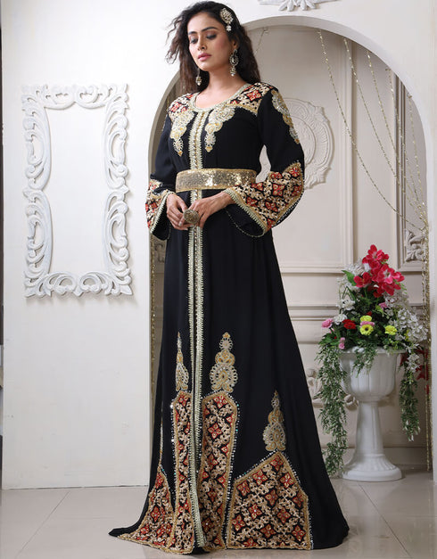 Muslim Black Georgette Stone Embroidery Moroccan