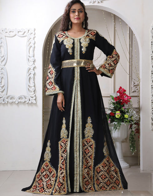 Muslim Black Georgette Stone Embroidery Moroccan