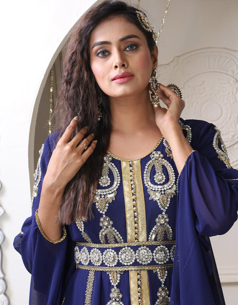 Islamic DarkBlue Georgette Stone Embroidery Moroccan Wedding Dress