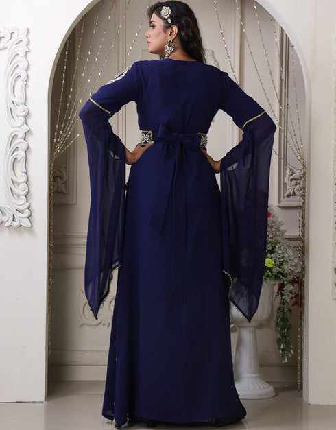 Islamic DarkBlue Georgette Stone Embroidery Moroccan Wedding Dress