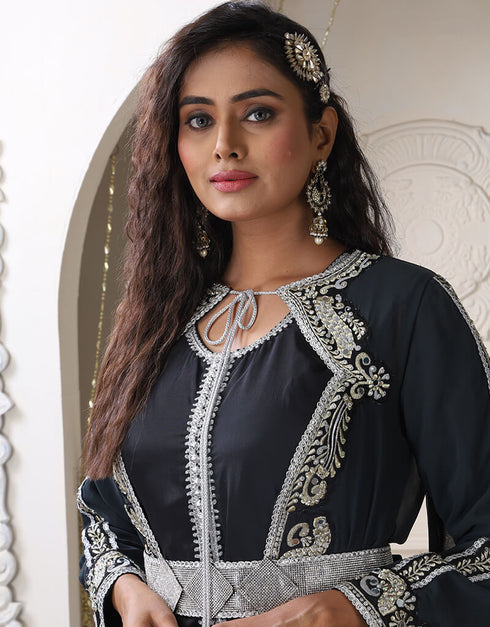 Arabic DarkGrey Georgette Stone Embroidery Moroccan