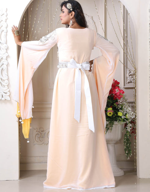 Women White Georgette Stone Embroidery Moroccan