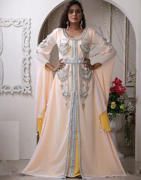 Women White Georgette Stone Embroidery Moroccan
