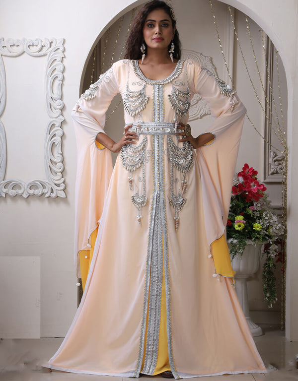 Women White Georgette Stone Embroidery Moroccan