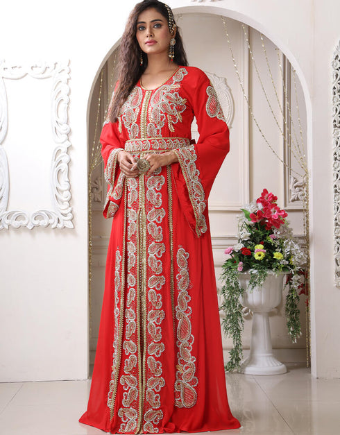 Chic Red Georgette Stone Embroidery Moroccan