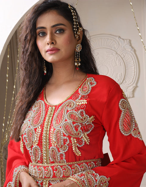 Chic Red Georgette Stone Embroidery Moroccan