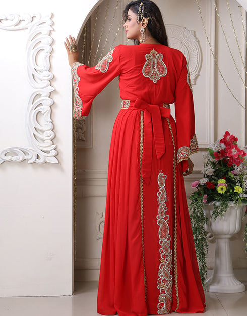 Chic Red Georgette Stone Embroidery Moroccan