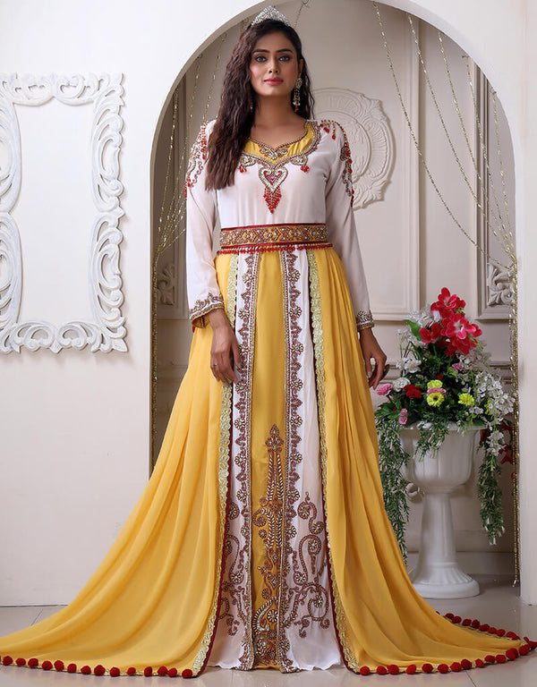 Trendy White Georgette Stone Embroidery Moroccan