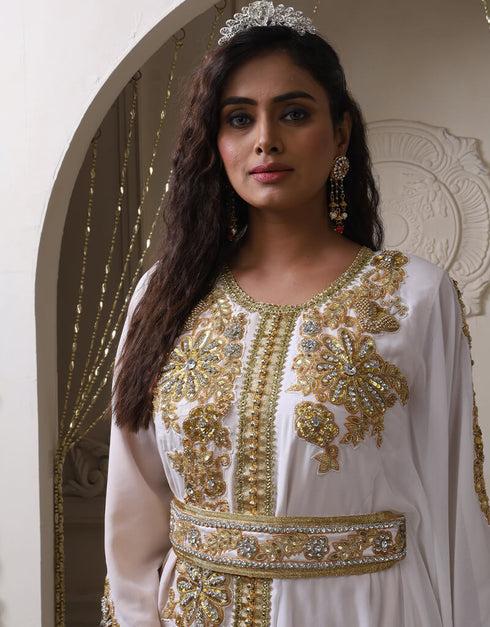 Modern White Georgette Stone Embroidery Moroccan