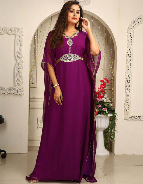 Muslim Purple Georgette Stones Embroidery Farasha