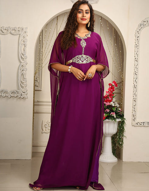 Muslim Purple Georgette Stones Embroidery Farasha