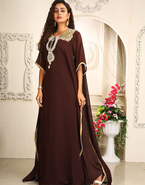 Modest Brown Georgette Stones Embroidery Farasha