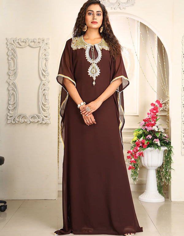 Modest Brown Georgette Stones Embroidery Farasha