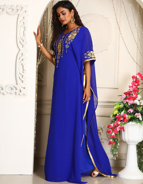 Arabic Blue Georgette Stones Embroidery Farasha