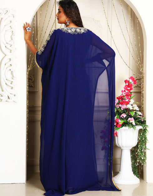 Women Dark Blue Georgette Stones Embroidery Farasha
