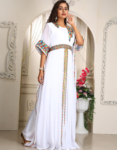Muslimah White Georgette Stones Embroidery Farasha