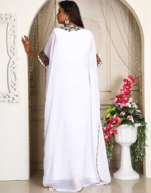 Muslimah White Georgette Stones Embroidery Farasha