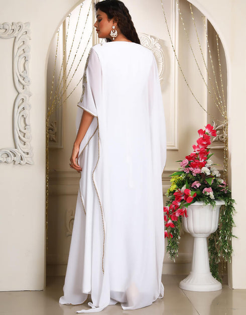 Chic White Georgette Stones Embroidery Farasha