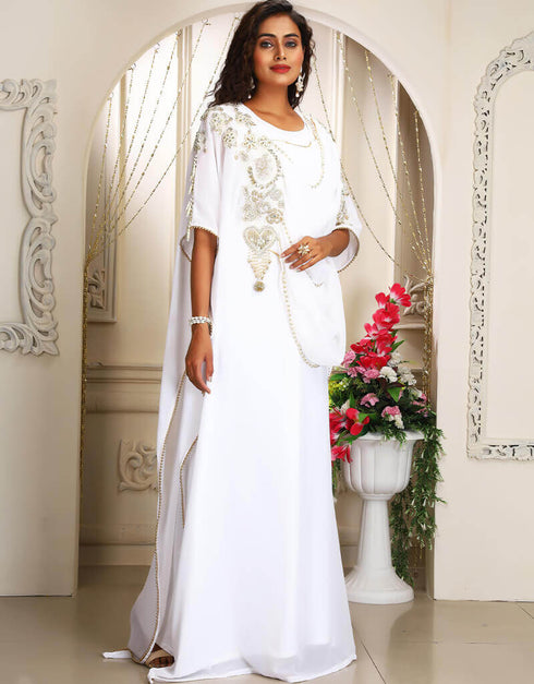 Chic White Georgette Stones Embroidery Farasha