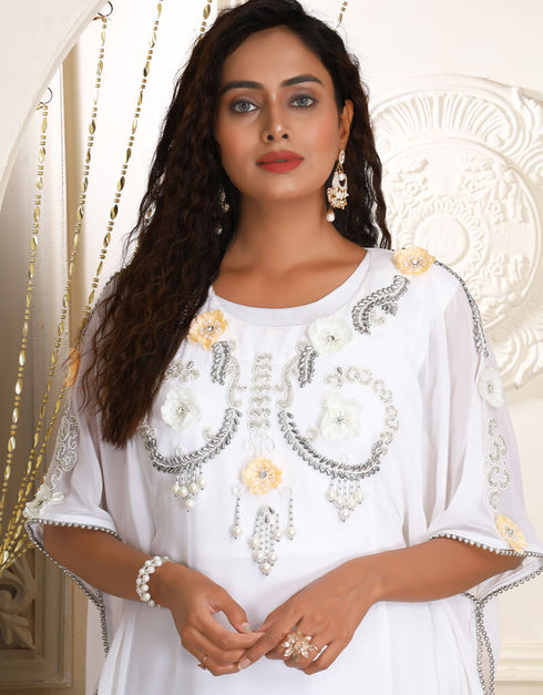 Trendy White Georgette Stones Embroidery Farasha
